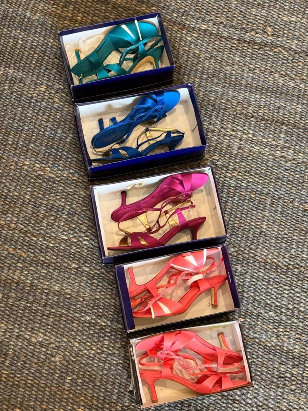 Satin Strappy Heels in Teal, Blue, Magenta, and Coral